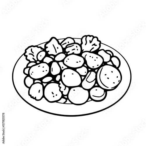 A Plate Of Assorted Fried Food Items A Simple Line Drawing