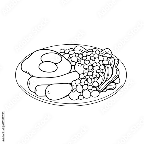 A Simple Line Drawing Of A Full English Breakfast Plate