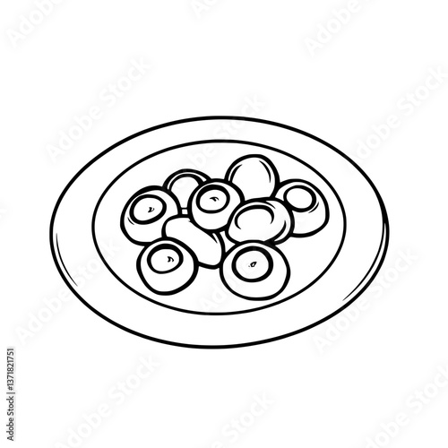Simple Line Drawing Of Mushrooms On A Plate Overhead View