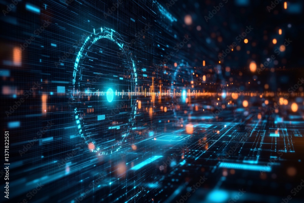 Obraz premium Futuristic digital interface, glowing holographic circles, data streams, network pathways