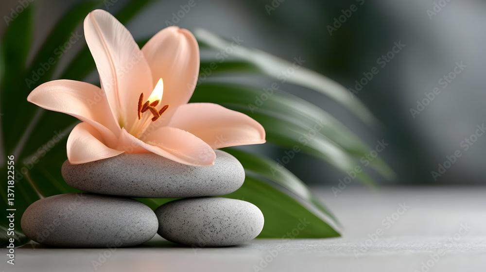 Serene Spa Setting with Peach Lily and Grey Stones Serene Spa Setting with Peach Lily and Grey Stones