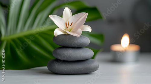 Serene Spa Setting with Stacked Grey Stones and White Lily