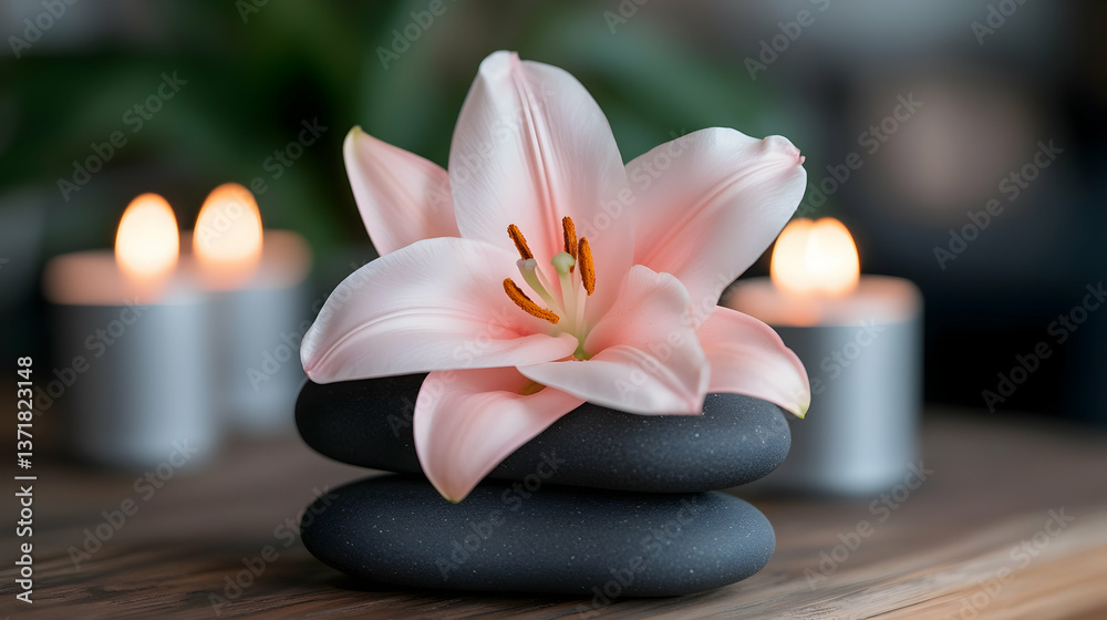 Serene Spa Still Life with Pink Lily and Grey Stones Serene Spa Still Life with Pink Lily and Grey Stones
