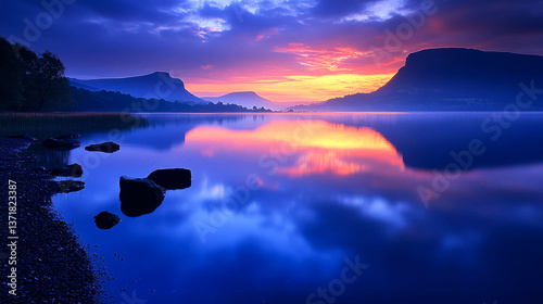 Sunset Landscape: Serene Lake with Mountain Reflections