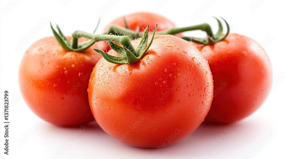 Four ripe red tomatoes on the vine, water droplets. Four ripe red tomatoes on the vine, water droplets.