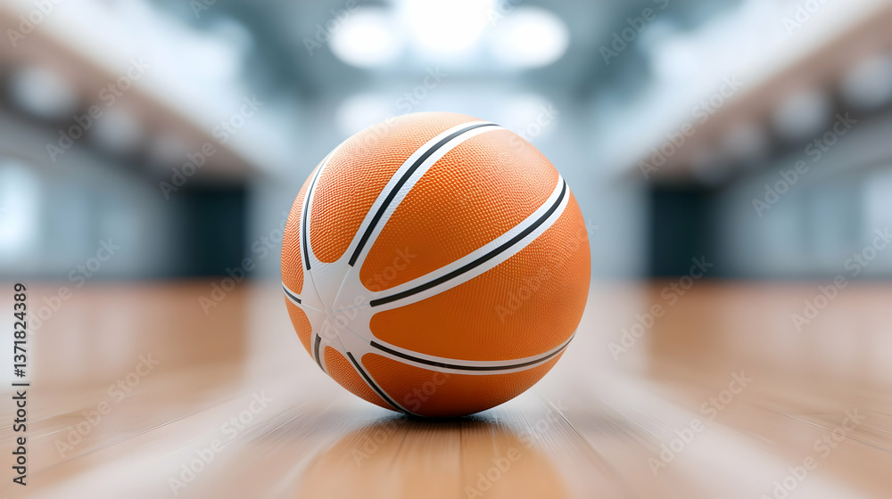 Obraz premium Orange Basketball on Wooden Court Floor