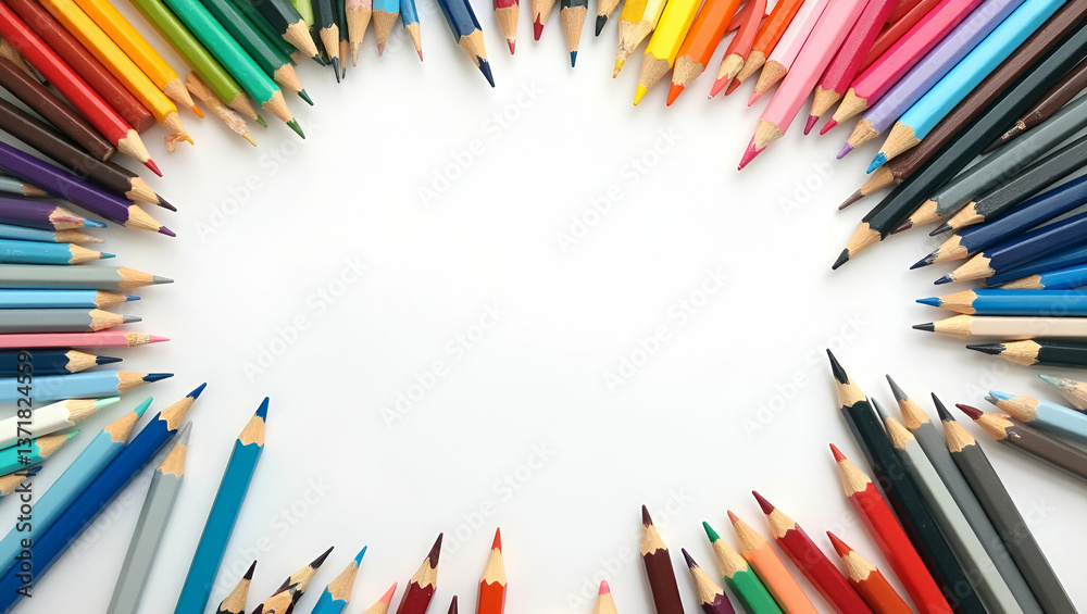 Fototapeta premium Photo Realistic Top View of a Creative Workspace: Drawing Pad and Color Pencils in Double Exposure with Copy Space for Design Inspiration