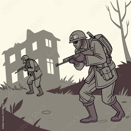 Post-Apocalyptic Zombie Survivors in Worn-out Military Attire