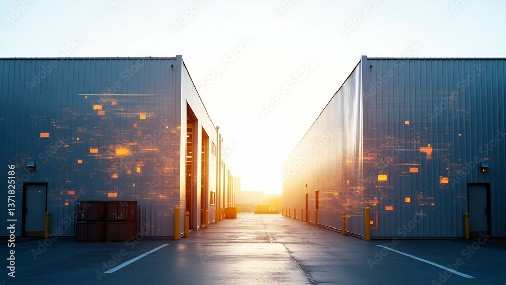 Obraz premium Photo realistic double exposure of a warehouse dock silhouette and a space planning chart, symbolizing efficient warehouse design with ample copy space.