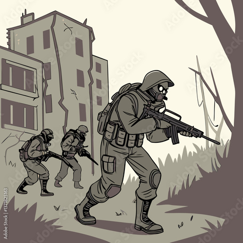 Post-Apocalyptic Zombie Survivors in Worn-out Military Attire