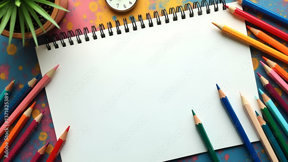Fototapeta premium Photo Realistic Top View of a Desk with Sketchbook and Colored Pencils in Double Exposure - Artistic Tools Symbolizing Creativity with Copy Space for Writing