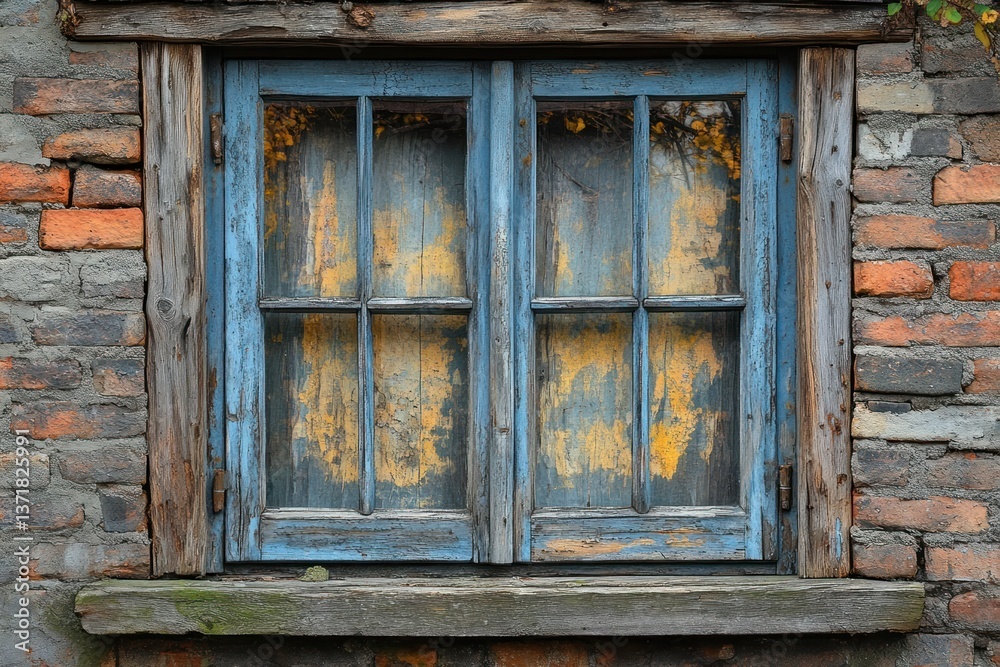 Aged brick wall with weathered white window frame reflecting vintage architecture Aged brick wall with weathered white window frame reflecting vintage architecture