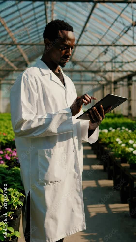 Greenhouse worker monitors plants using a tablet Greenhouse worker monitors plants using a tablet