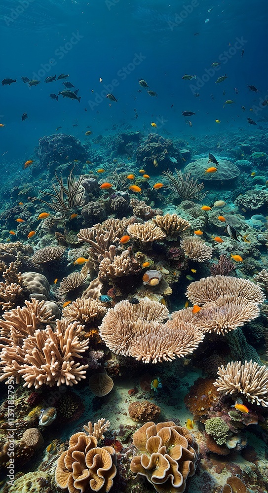 Fototapeta premium Vibrant Coral Reef Ecosystem Teeming with Colorful Fish Beneath Crystal Clear Ocean Waters