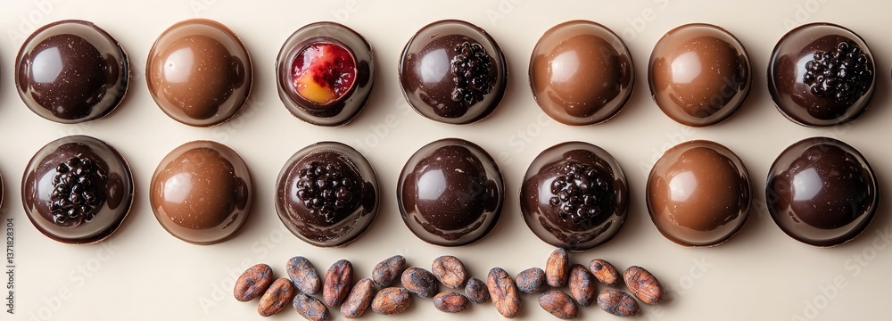 Elegant chocolate domes with fruit fillings arranged on a pastel cream backdrop Elegant chocolate domes with fruit fillings arranged on a pastel cream backdrop