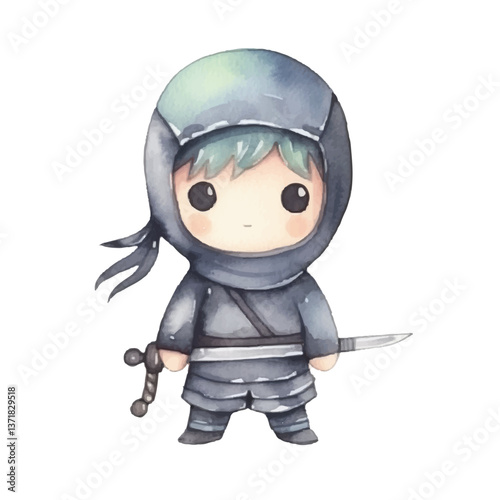  ninja with sword cute watercolors illustration on white background