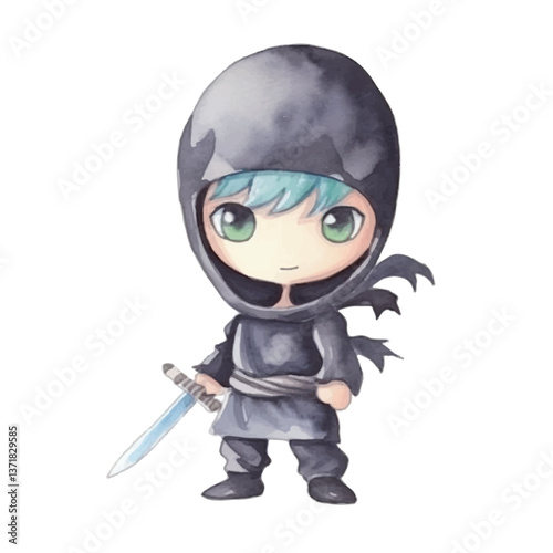 ninja with sword cute watercolors illustration on white background