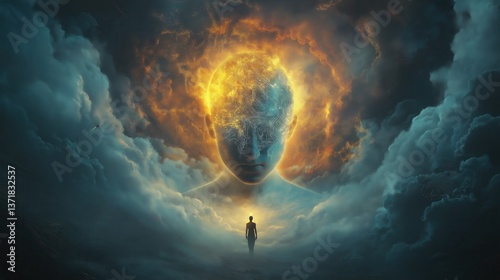 API Agents Concepts. Surreal portrayal of a figure surrounded by vibrant clouds and light.