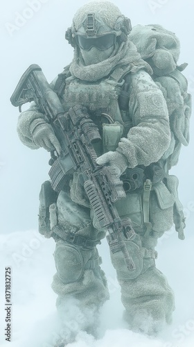 Soldier dressed in winter gear, holding weapon in a snowy, foggy outdoor environment