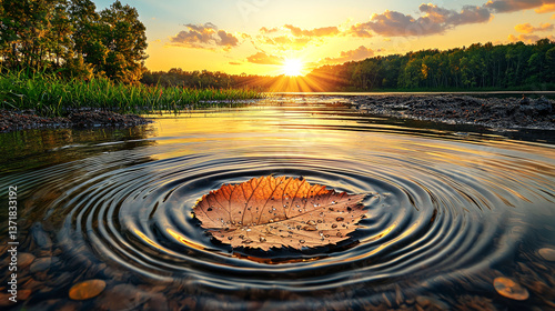 Autumn Sunset: Serene Lake with Leaf Reflection