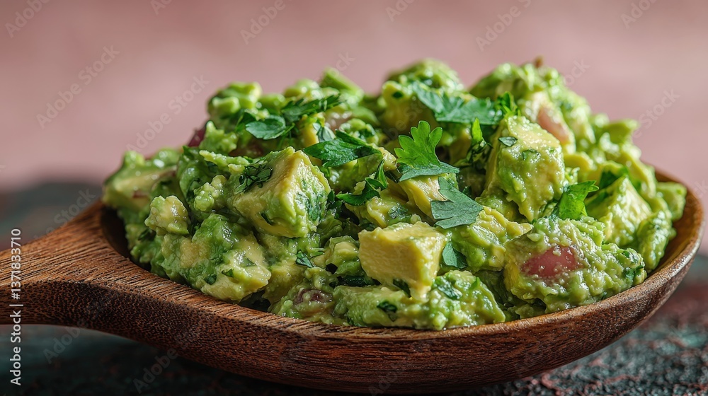 Rustic wooden spoon filled with chunky green guacamole on soft pink background Rustic wooden spoon filled with chunky green guacamole on soft pink background