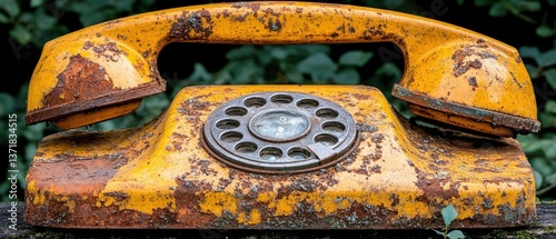 Yellow vintage rotary phone with rust, sits on a wooden surface against green foliage backdrop