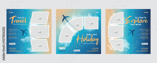 Travel social media business promotion web banner template design. Travelling, tourism or summer holiday tour online marketing flyer, post or poster with abstract graphic background.