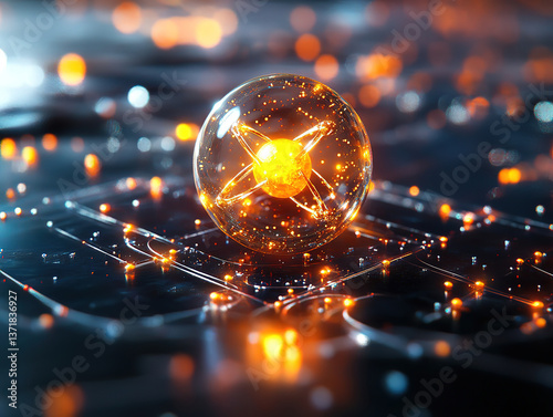 Glowing Atom Model on High-Tech Background