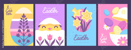 Set of holiday flat Easter posters with rabbit ears, Easter eggs, chicken and flowers. Vector illustration