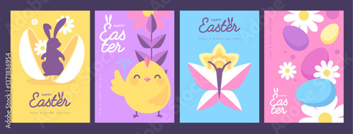 Set of holiday flat Easter posters with rabbit ears, Easter eggs, chicken, willow branch and flowers. Vector illustration