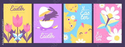 Set of holiday flat Easter posters with rabbit ears, Easter eggs, chicken, willow branch and flowers. Vector illustration