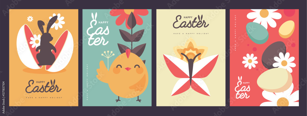 Set of holiday flat Easter posters with rabbit ears, Easter eggs, chicken, willow branch and flowers. Vector illustration Set of holiday flat Easter posters with rabbit ears, Easter eggs, chicken, willow branch and flowers. Vector illustration