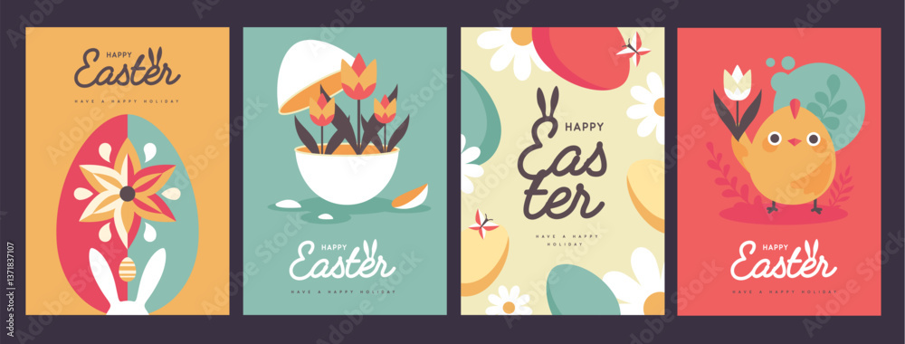 Set of holiday flat Easter posters with rabbit ears, Easter eggs, chicken, willow branch and flowers. Vector illustration Set of holiday flat Easter posters with rabbit ears, Easter eggs, chicken, willow branch and flowers. Vector illustration