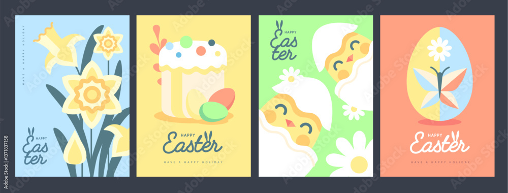 Set of holiday flat Easter posters with rabbit ears, Easter eggs, chicken and flowers. Vector illustration