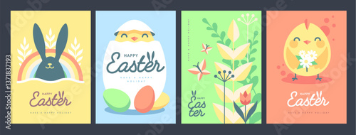 Set of holiday flat Easter posters with rabbit ears, Easter eggs, chicken, willow branch and flowers. Vector illustration