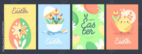 Set of holiday flat Easter posters with rabbit ears, Easter eggs, chicken, willow branch and flowers. Vector illustration