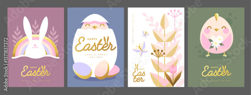 Set of holiday flat Easter posters with rabbit ears, Easter eggs, chicken, willow branch and flowers. Vector illustration