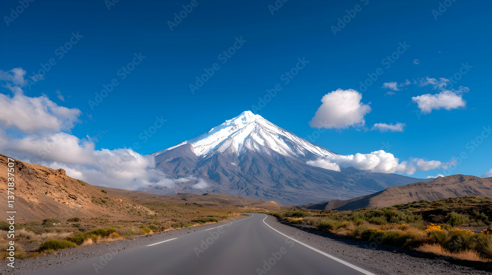 Road to Snowy Volcanic Peak in Arid Valley Road to Snowy Volcanic Peak in Arid Valley