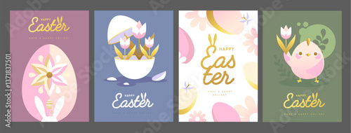 Set of holiday flat Easter posters with rabbit ears, Easter eggs, chicken, willow branch and flowers. Vector illustration