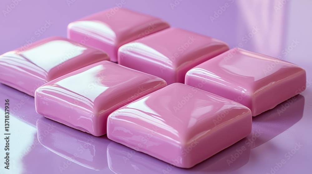 Glossy pink ceramic subway tiles arranged in a square layout on a pastel lilac surface Glossy pink ceramic subway tiles arranged in a square layout on a pastel lilac surface
