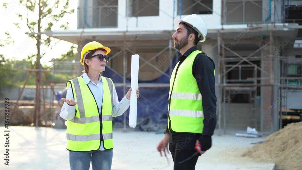 Group of diversity caucasian Architects woman talking to builder with blueprint to inspection quality control apartment at construction site meeting outdoor. discussion development industry Group of diversity caucasian Architects woman talking to builder with blueprint to inspection quality control apartment at construction site meeting outdoor. discussion development industry