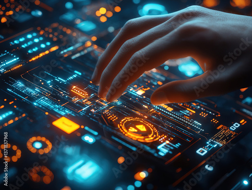 Futuristic Hand Interacting with Digital Interface