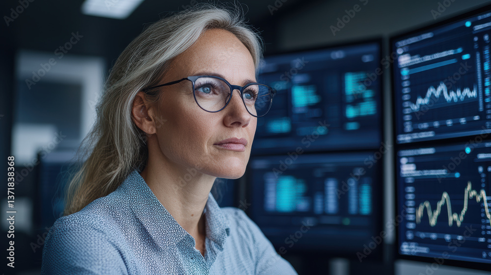 Focused professional analyzing data on multiple screens in modern office environment Focused professional analyzing data on multiple screens in modern office environment