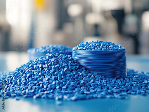 Blue Plastic Pellets and Coils in Industrial Setting