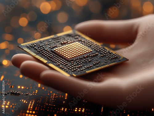 Hand Holding Glowing Microchip