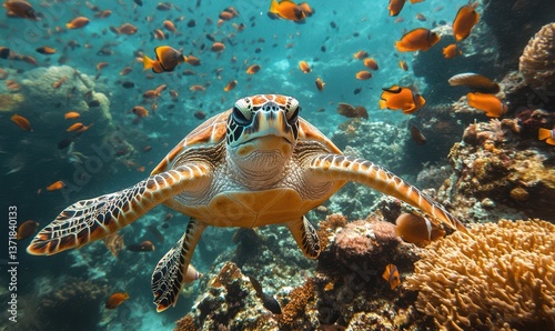 turtle with group of colorful fish and sea animals with colorful coral underwater in ocean