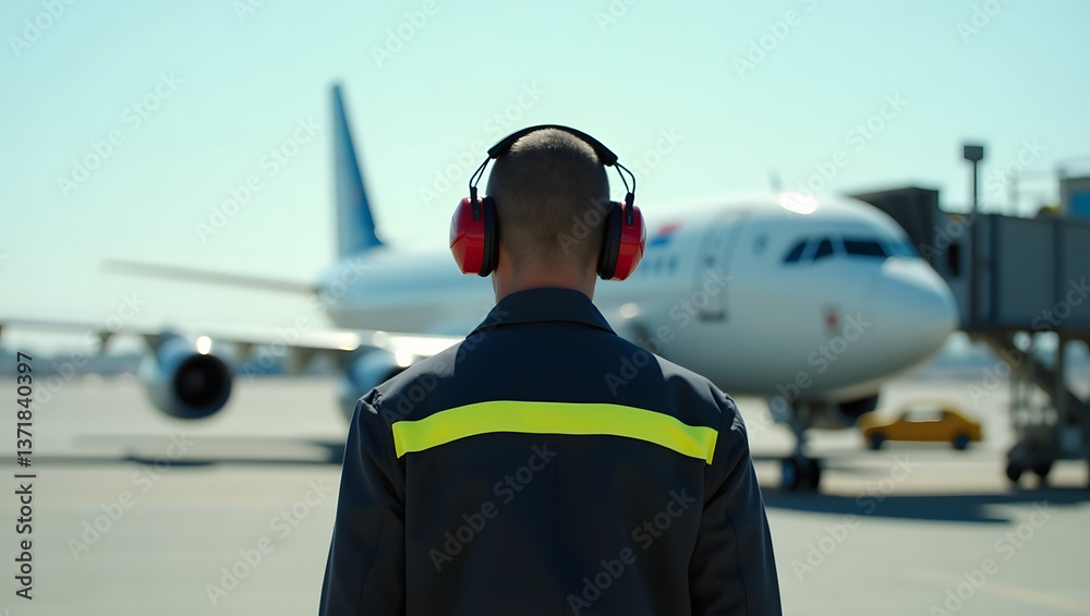 Ground Crew Member Standing on Tarmac Facing Airplane at Boarding Gate, Mechanic working in headset at airport. He looking at plane while turning back to camera Ground Crew Member Standing on Tarmac Facing Airplane at Boarding Gate, Mechanic working in headset at airport. He looking at plane while turning back to camera