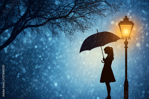 Under the Streetlight’s Embrace A Mysterious Silhouette Holding an Umbrella in the Rain.