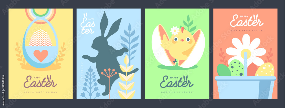 Set of holiday flat Easter posters with rabbit ears, Easter eggs, chicken, willow branch and floral elements. Vector illustration Set of holiday flat Easter posters with rabbit ears, Easter eggs, chicken, willow branch and floral elements. Vector illustration