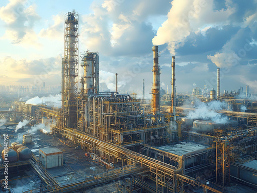 Industrial Complex with Smokestacks and Pipes